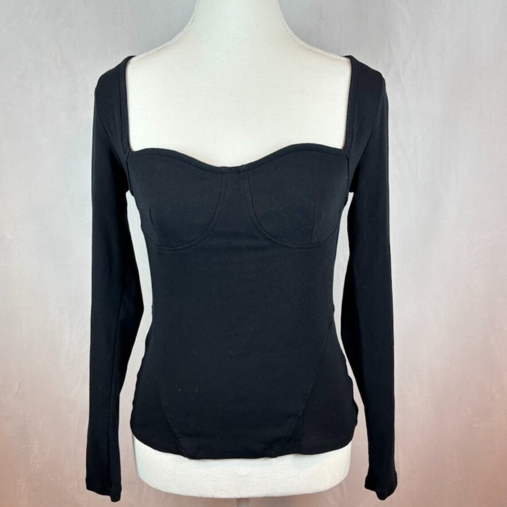 Future Collective Reese Blustein Womens Sweetheart Neck Black Long Sleeve Top SM